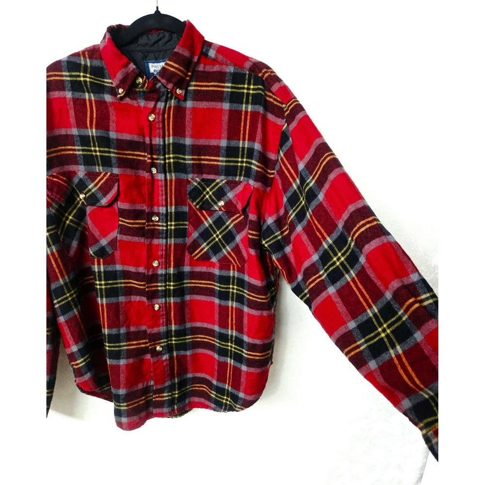 Vintage Premier International Flannel Shirt Size L Red Black Plaid Kurt Cobain